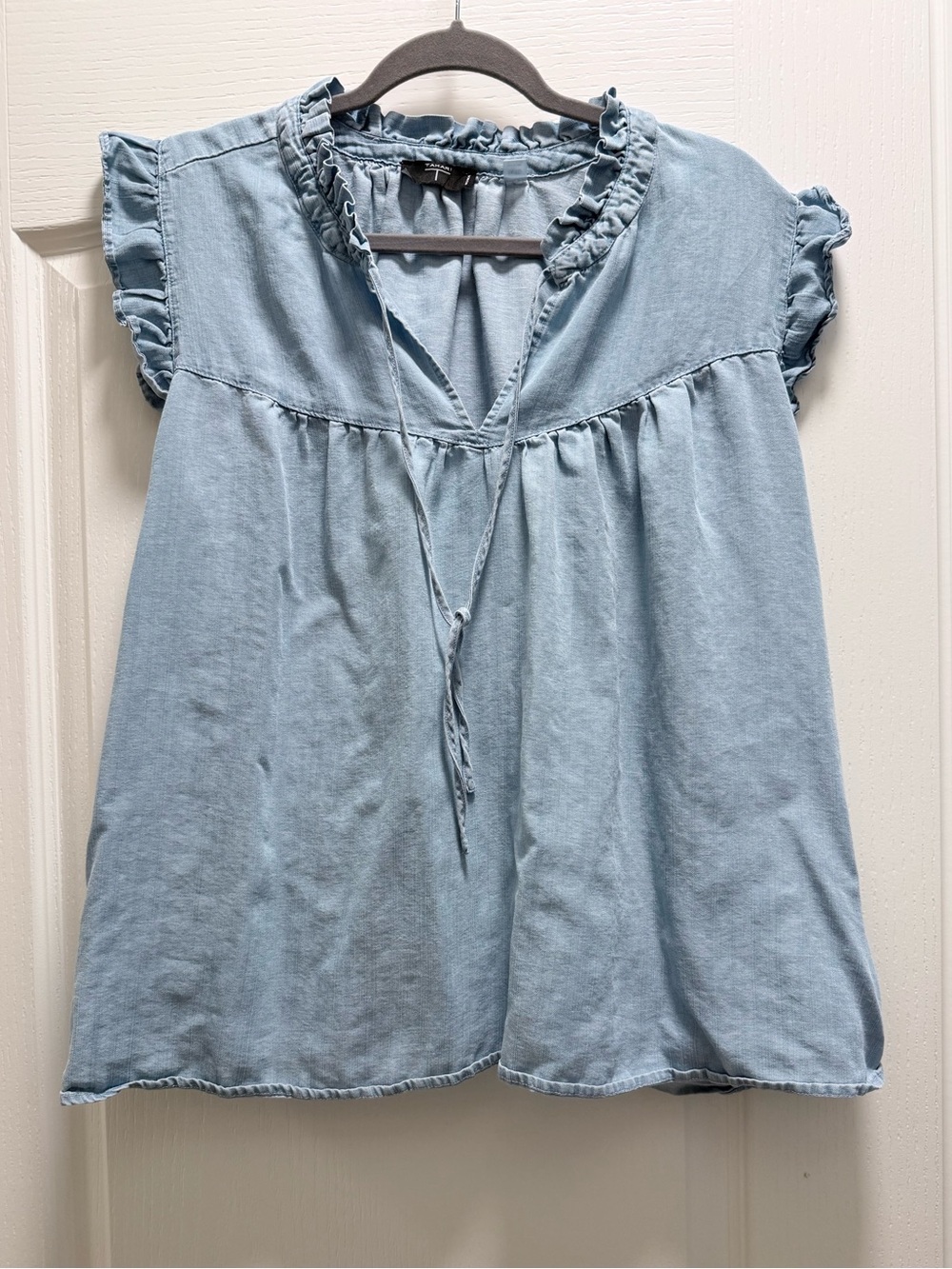 Tahari Light Blue Ruffle-Trim Peasant Top